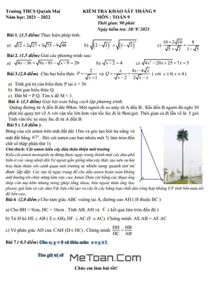 Đề khảo sát Toán 9 tháng 9 năm 2021 trường THCS Quỳnh Mai - Hà Nội