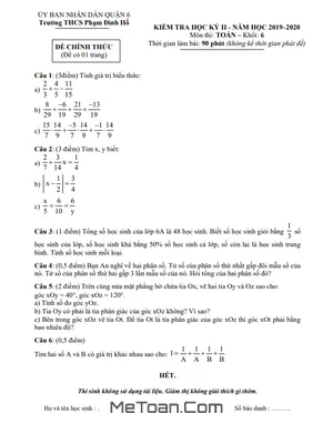 Đề thi HK2 Toán lớp 6 năm 2019 - 2020 trường THCS Phạm Đình Hổ - TP. HCM (Có đáp án)