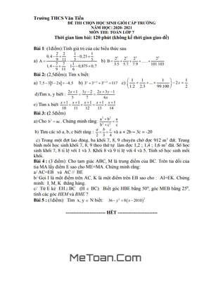 Đề thi HSG Toán 7 cấp trường năm 2020-2021 trường THCS Văn Tiến - Vĩnh Phúc
