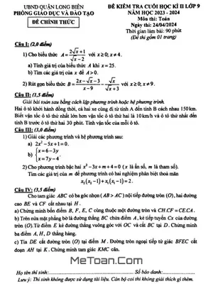 Đề thi học kì 2 Toán 9 năm 2023 - 2024 phòng GD&ĐT Long Biên - Hà Nội
