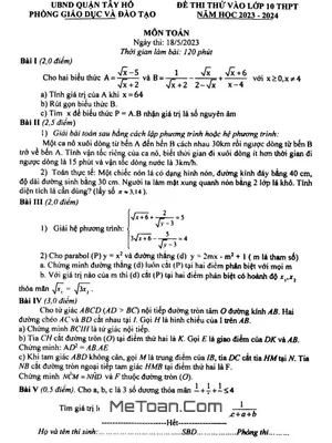Đề thi thử Toán vào lớp 10 năm 2023 - 2024 phòng GD&ĐT Tây Hồ - Hà Nội
