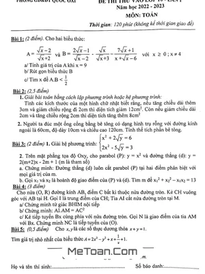 Đề thi thử Toán vào lớp 10 lần 1 năm 2022 - 2023 phòng GD&ĐT Quốc Oai - Hà Nội