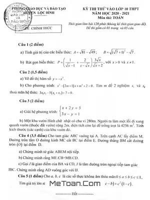 Đề thi thử vào lớp 10 môn Toán năm 2020 - 2021 phòng GD&ĐT Lộc Bình - Lạng Sơn