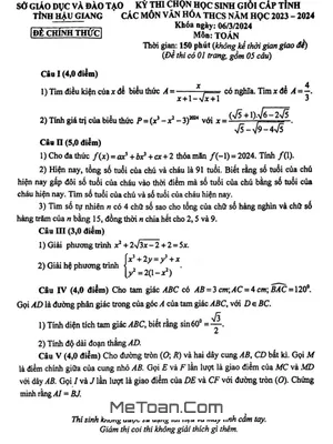 Đề thi học sinh giỏi cấp tỉnh môn Toán THCS năm 2023 - 2024 - Sở GD&ĐT Hậu Giang
