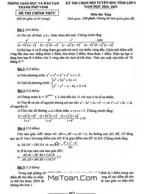 Đề chọn đội tuyển HSG tỉnh Toán 9 năm 2024 - 2025 phòng GD&ĐT Vinh - Nghệ An