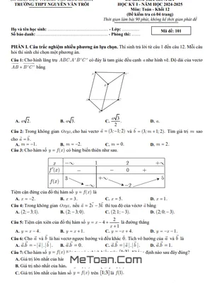 Đề Thi Giữa Kỳ 1 Toán 12 Năm 2024 - 2025 Trường THPT Nguyễn Văn Trỗi - Khánh Hòa