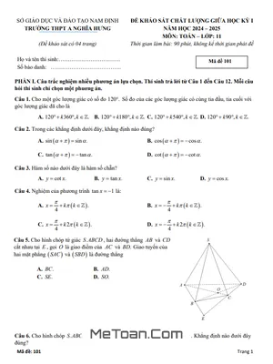 Đề giữa học kỳ 1 Toán 11 năm 2024 - 2025 trường THPT A Nghĩa Hưng - Nam Định