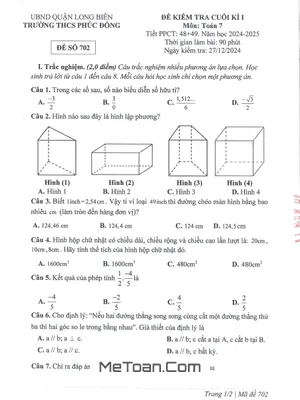 Đề Thi Cuối Kì 1 Toán 7 Năm 2024 - 2025 Trường THCS Phúc Đồng - Hà Nội