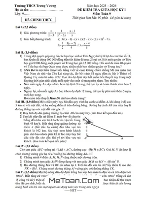 Đề Thi Giữa Học Kỳ 1 Toán 9 Năm 2025 – 2026 Trường THCS Trưng Vương - Hà Nội