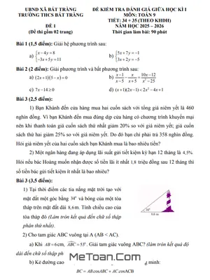 Đề thi giữa kì 1 Toán 9 năm 2025 - 2026 trường THCS Bát Tràng (Hà Nội) có đáp án chi tiết