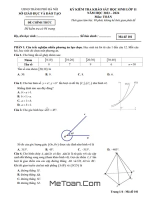 Đề kiểm tra khảo sát Toán 11 năm 2023 – 2024 sở GD&ĐT Hà Nội