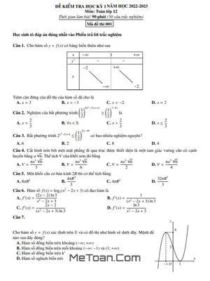 Đề thi học kỳ 1 Toán 12 năm 2022 - 2023 trường THPT Nguyễn Thị Minh Khai - Hà Nội - Có đáp án