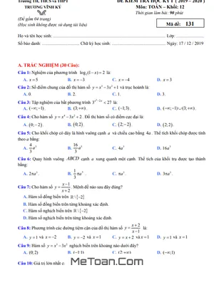 Đề thi học kì 1 Toán 12 năm 2019 - 2020 trường THPT Trương Vĩnh Ký - TP.HCM