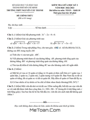 Đề Thi Giữa Kỳ 2 Môn Toán Lớp 10 Năm 2022 – 2023 Trường THPT Nguyễn Tất Thành – TP HCM
