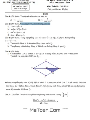 Đề thi giữa kì 1 Toán 11 năm 2020 - 2021 trường THPT Thị xã Quảng Trị (có lời giải)