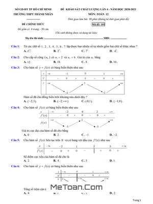 Đề KSCL Toán 12 lần 4 năm 2020 - 2021 trường THPT Thành Nhân - TP HCM
