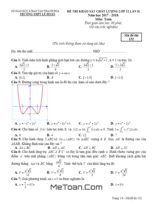 Đề thi KSCL Toán 12 năm 2017 - 2018 trường Lê Hoàn - Thanh Hóa lần 2 mã đề 132