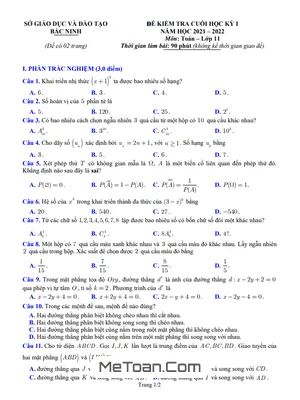Đề thi Toán 11 học kỳ 1 năm 2021 - 2022 có đáp án - Sở GD&ĐT Bắc Ninh