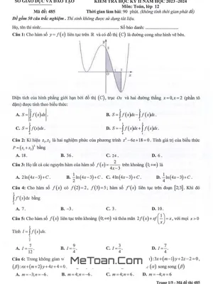 Đề thi học kỳ 2 Toán 12 năm 2023 - 2024 sở GD&ĐT Bình Dương