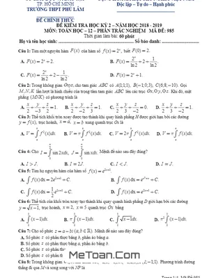 Đề thi học kì 2 Toán 12 năm 2018 - 2019 trường THPT Phú Lâm - TP HCM