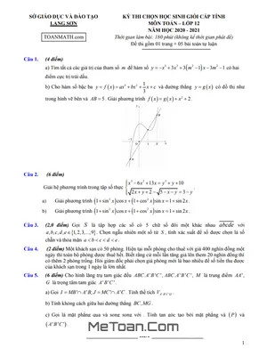 Đề thi HSG Toán 12 cấp tỉnh năm 2020 - 2021 Sở GD&ĐT Lạng Sơn