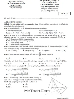 Đề Thi Cuối Kỳ 2 Toán 11 Chuyên Năm 2023 - 2024 Trường Chuyên Hùng Vương - Phú Thọ