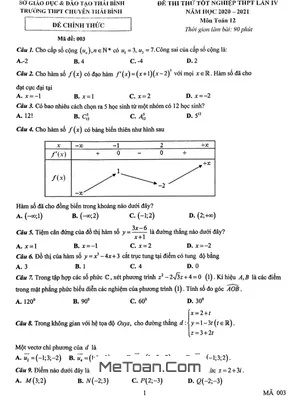 Đề thi thử Toán tốt nghiệp THPT 2021 lần 4 trường THPT chuyên Thái Bình - Mã đề 003
