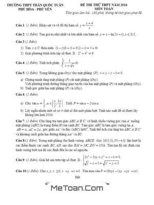 Đề thi thử THPT Quốc gia 2016 môn Toán trường Trần Quốc Tuấn - Phú Yên