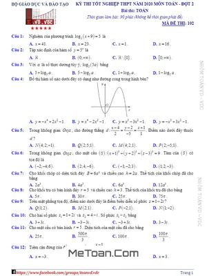 Đề thi Tốt nghiệp THPT môn Toán năm 2020 (đợt 2) - MeToan.Com