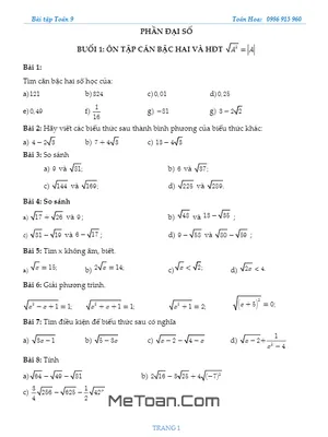 Tuyển Chọn Bài Tập Toán 9 Học Kì 1: Đại Số & Hình Học
