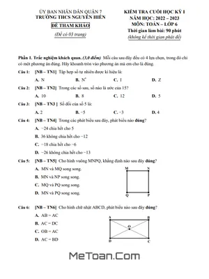 Đề Tham Khảo Học Kỳ 1 Toán 6 Năm 2022 - 2023 Trường THCS Nguyễn Hiền - TP.HCM