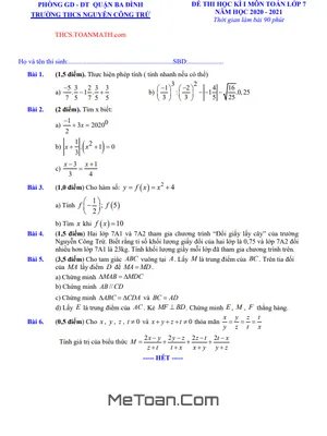 Đề thi học kì 1 Toán lớp 7 năm 2020 - 2021 trường THCS Nguyễn Công Trứ - Hà Nội