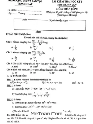 Đề thi học kì 1 Toán 8 năm 2019 - 2020 phòng GD&ĐT Thạch Thất - Hà Nội