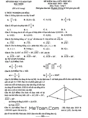 Đề thi giữa kỳ 1 Toán 7 năm 2023 - 2024 sở GD&ĐT Bắc Ninh