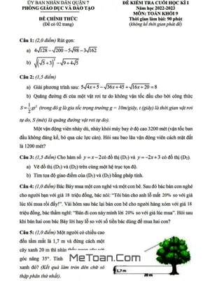 Đề thi học kì 1 Toán 9 năm 2022 - 2023 phòng GD&ĐT Quận 7 - TP HCM
