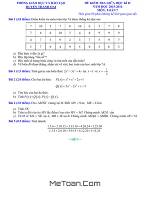 Đề kiểm tra giữa kì 2 Toán 7 năm 2015 - 2016 phòng GD&ĐT Thanh Oai - Hà Nội