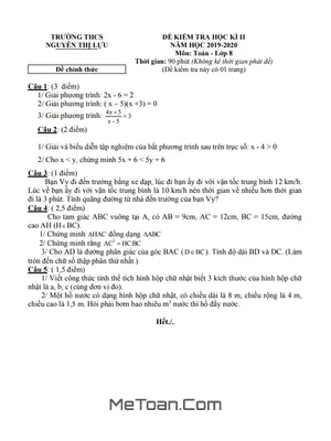 Đề thi Toán 8 cuối kỳ 2 năm 2019-2020 trường THCS Nguyễn Thị Lựu - Đồng Tháp (có đáp án)