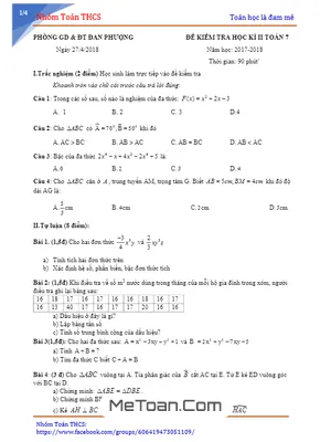 Đề thi HK2 Toán 7 năm học 2017 - 2018 phòng GD&ĐT Đan Phượng - Hà Nội