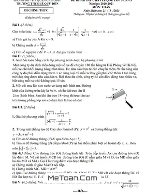 Đề khảo sát Toán 9 lần 3 năm 2020 - 2021 trường THCS Lê Quý Đôn - Hà Nội