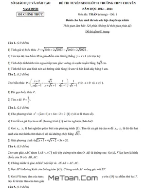 Đề thi vào lớp 10 chuyên Toán (chung - Tự nhiên) Nam Định năm 2023 - 2024