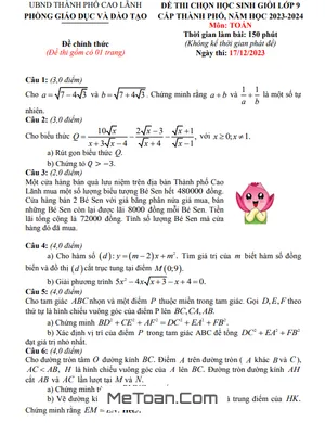 Đề thi học sinh giỏi Toán 9 năm 2023 - 2024 phòng GD&ĐT TP Cao Lãnh - Đồng Tháp