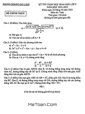 Đề thi HSG Toán 9 năm 2021 - 2022 phòng GD&ĐT Gio Linh, Quảng Trị