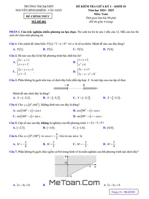 Đề thi giữa kỳ 1 Toán 10 năm 2024 - 2025 trường Nguyễn Bỉnh Khiêm - Hà Nội