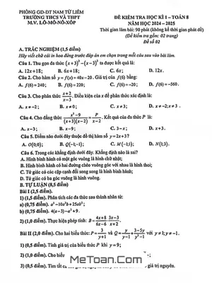 Đề thi học kì 1 môn Toán lớp 8 năm 2024 - 2025 trường M.V. Lômônôxốp - Hà Nội