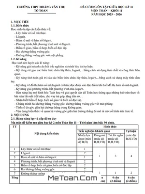 Đề Cương Ôn Tập Giữa Kỳ 2 Môn Toán 11 Năm Học 2025 – 2026 Trường THPT Hoàng Văn Thụ, Hà Nội