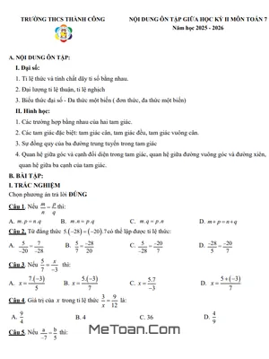 Đề Cương Ôn Tập Giữa Kỳ 2 Môn Toán 7 Năm Học 2025 – 2026 Trường THCS Thành Công, Hà Nội