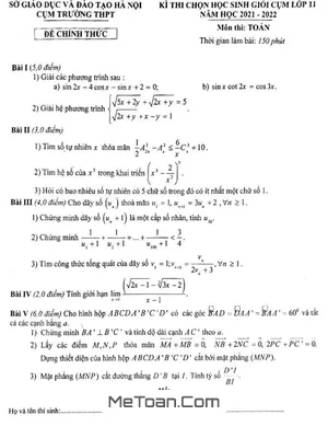 Đề thi học sinh giỏi Toán 11 năm 2021 - 2022 cụm trường THPT - Hà Nội