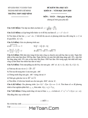Đề thi học kì 1 Toán 10 năm 2019 - 2020 trường THPT Hiệp Bình - TP HCM