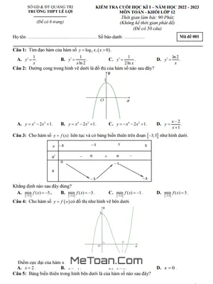 Đề Thi Cuối Học Kì 1 Toán 12 Năm 2022 - 2023 Trường THPT Lê Lợi - Quảng Trị