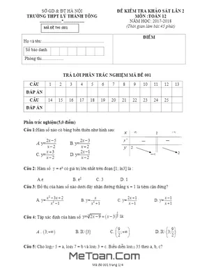 Đề thi khảo sát Toán 12 lần 2 năm 2017-2018 trường THPT Lý Thánh Tông - Hà Nội (có lời giải)
